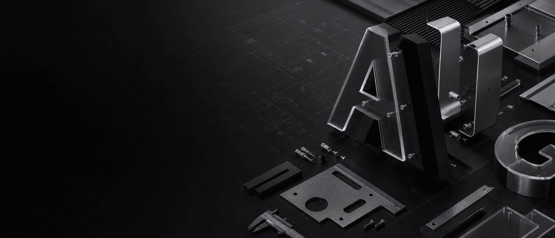 Composición industrial de letras estructurales, aluminio, acrílico y planos técnicos de ElevaGx
